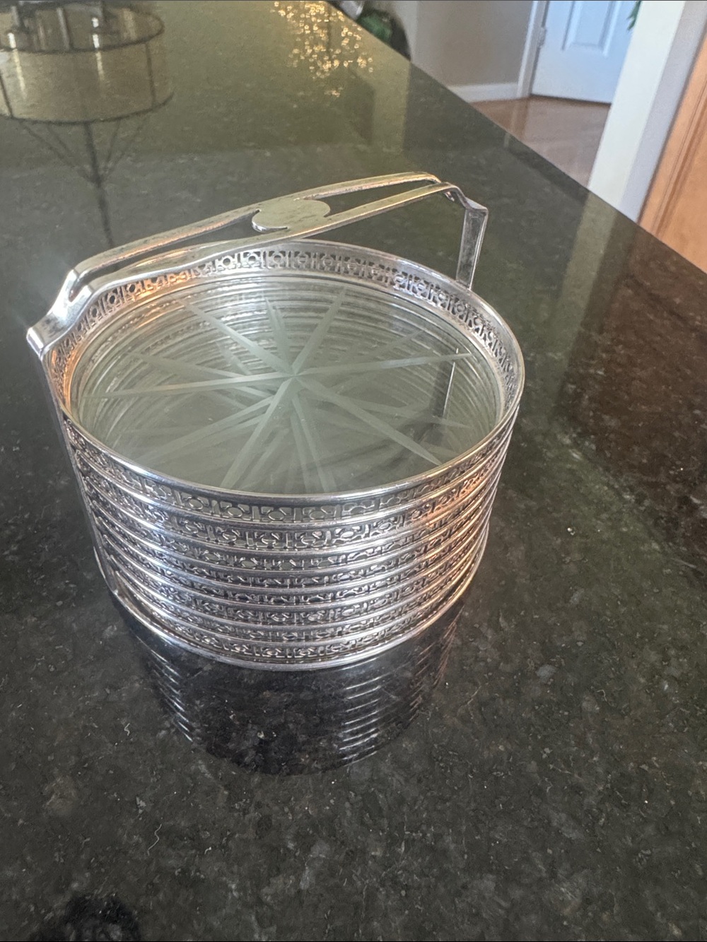 Antique sterling silver coasters eight and carrier. Leaded star glass! Mint!
